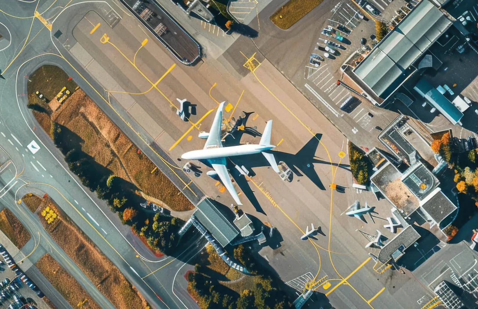 Aerial view of an airport tarmac