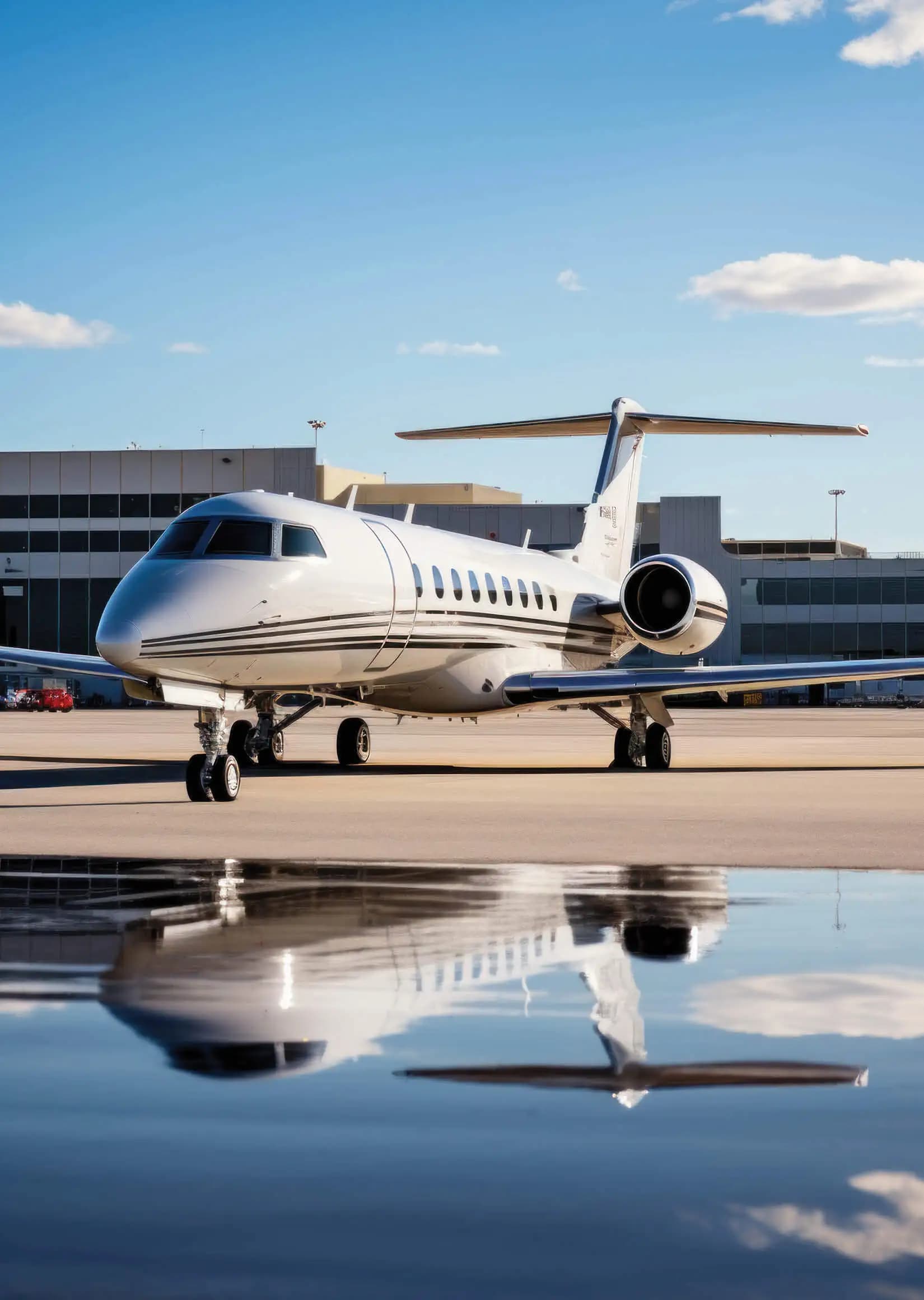 A private jet parked on the tarmac on a clear day